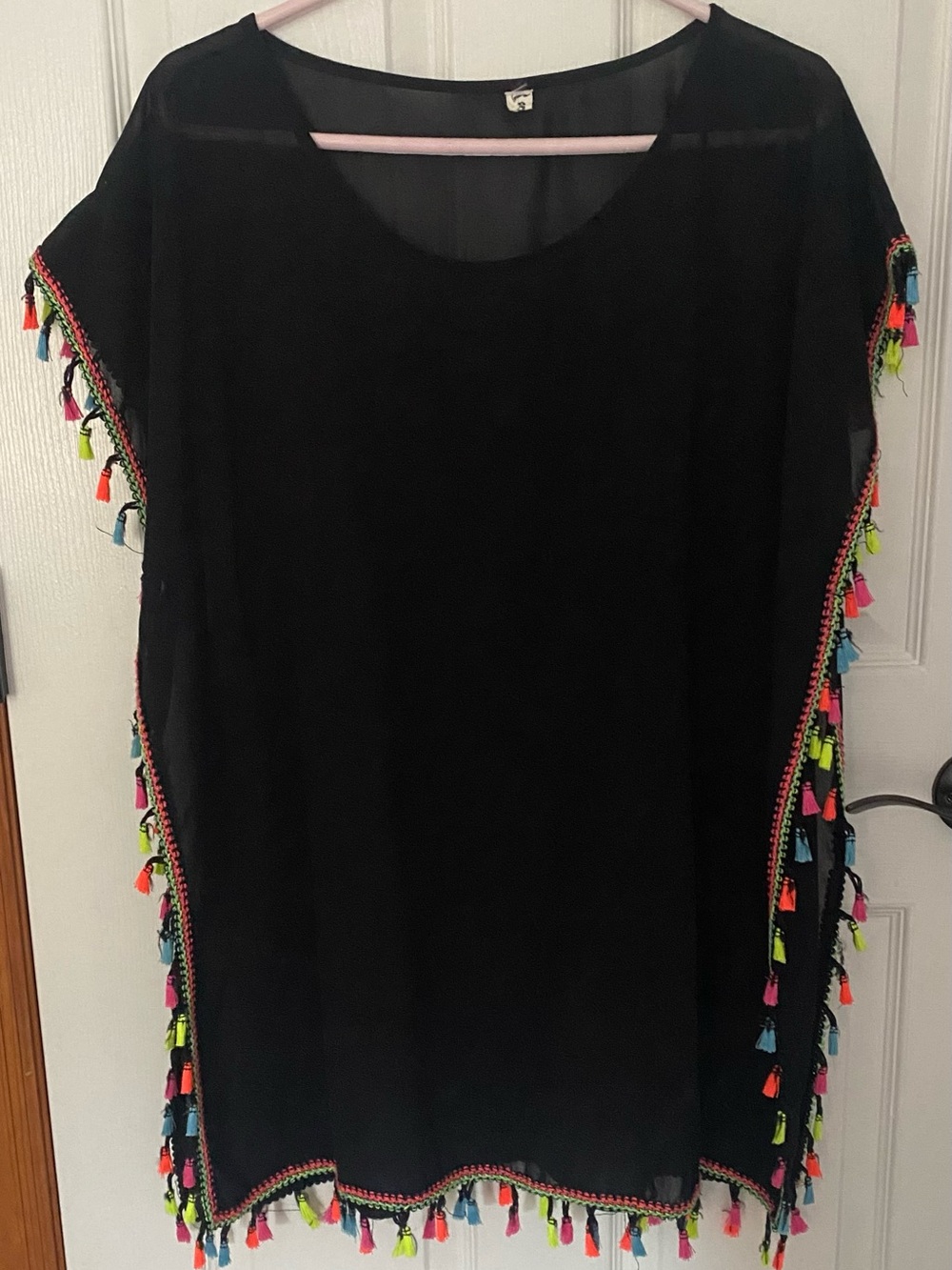 Black Sheer Beach Cover-Up with Neon Tassel Trim